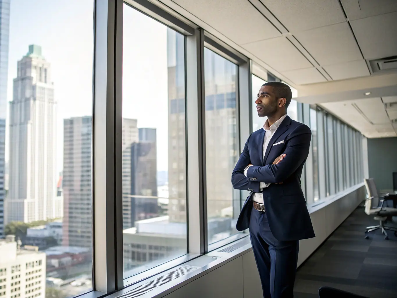 An image depicting a business leader confidently navigating a complex business landscape, with subtle quantum patterns in the background, representing strategic foresight and adaptability.