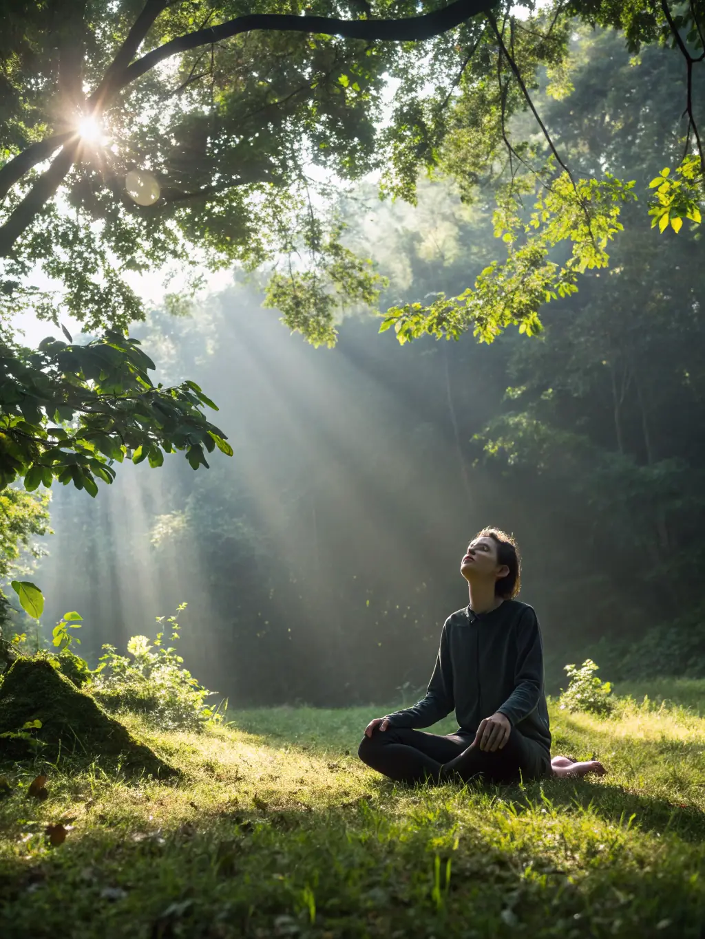 A close-up shot of a person meditating in a serene environment, representing mindfulness and personal development coaching for business leaders.